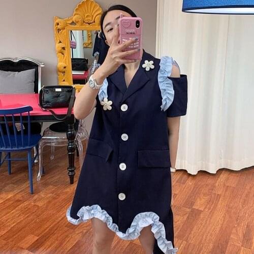 Sannian Women Dress Retro Lapel Floral Decoration Irregular Hem Color Blocking Single-breasted Loose Short-sleeved Dress Clothes
