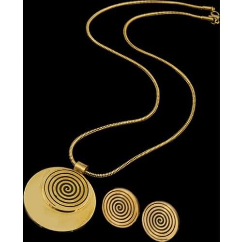 Gold color stainless steel Retro black circular metal vortex jewelry set for women, necklace and earring set collares joyeria