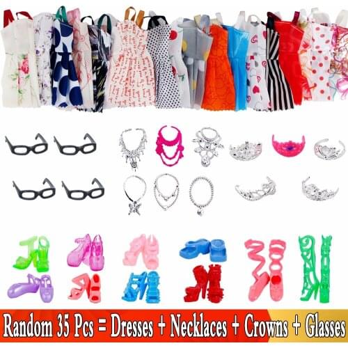 35 Item/Set Doll Accessories = 10x Dresses + 10x Shoes + 6x Necklaces + 4x Glasses + 5x Crown Dress Clothes for Barbie Doll Toy