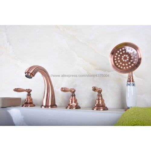 Antique Red Copper Bathroom Tub Faucet Deck Mounted W/ Hand Shower Sprayer 3 Handles 5 holes Ntf186
