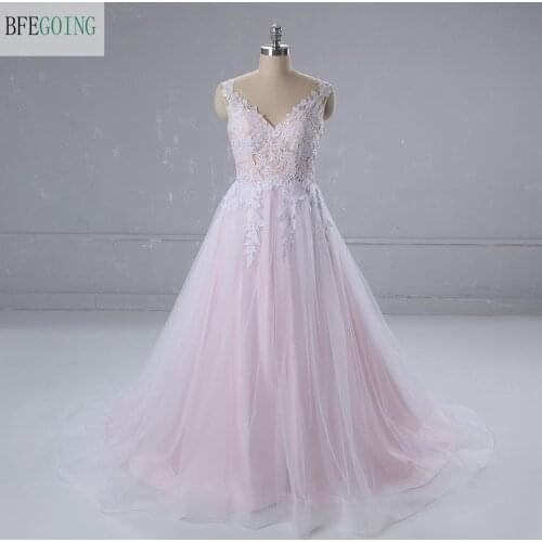 White Lace Pink Tulle V-Neck Sleeveless A-line Wedding dresses Court Train Lace up Real/Original Photos Custom Made