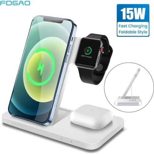 FDGAO 15W Fast Charge 3 in 1 Qi Wireless Charger Dock Station For iPhone 12 11 Pro XS XR X 8 Apple Watch SE 6 5 4 3 AirPods Pro