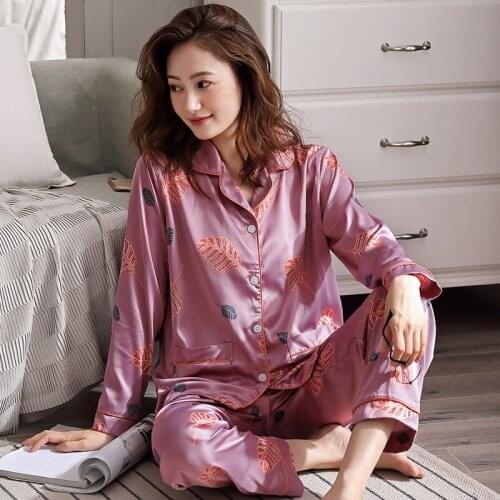 Plus Size Silk Pajamas For Women Satin Women Pajamas Sets Long Sleeves Turn-down Collar Pocket Decor Top+Pants Women Silk Pajama