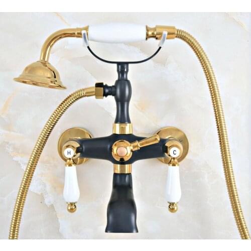 Black Gold Color Brass Wall Mount Bathroom Tub Faucet Dual Ceramic Levers Telephone Style Hand Shower Clawfoot Tub Filler ana412