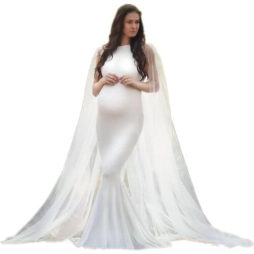 Sleeveless Jersey Baby Shower Long Dress With Tulle Cape Pregnant Woman Dress For Photo Shoot Maternity Photography Mermaid Gown