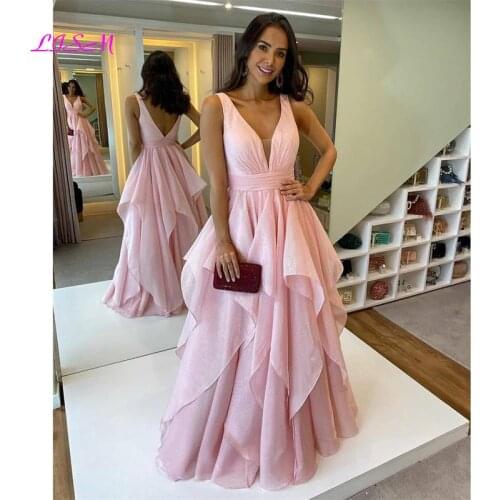 Elegant Pink Ball Gown Prom Dresses Deep V-Neck Sleeveless Tulle A-Line Formal Gown Sexy Backless Puffly Long Evening Dress