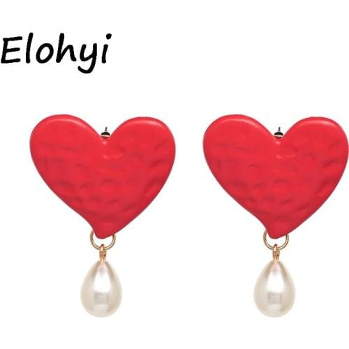 ELOHYI New Simulated Pearl Statement Earrings Women Metal Heart Dangle Drop Earrings Valentine Gift Wedding Christmas Gift