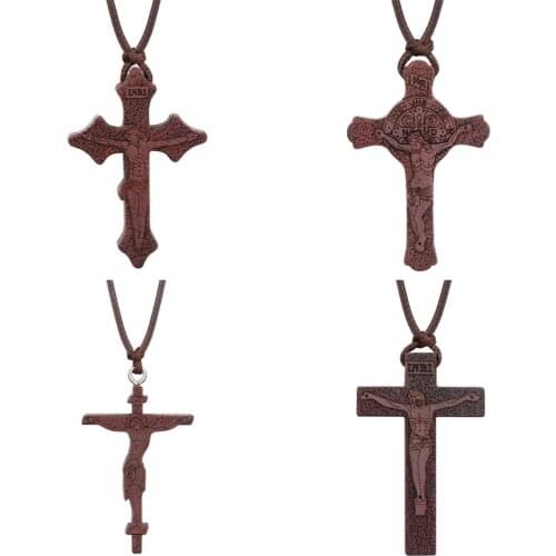 INRI Christian Red Umbila Wood Cross Necklace Orthodox Crucifix Jesus Pendant Necklaces for Men Adjustable Leather Rope Chains