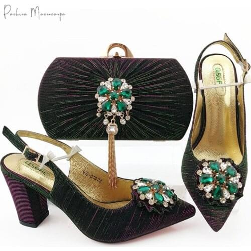 Italian Design Lastest Crystal Style Nigerian Elegant Women Shoes and Bag Set Decorated With Rhinestone in D.Green Color