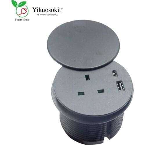 Round Mini 13A British Plug Power Socket With Cover 5V 2.1A USB(A+C) Charging Desktop Grommet Tabletop Socket