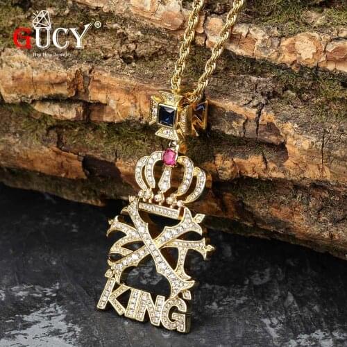 GUCY Crown Letters Pendant with 4MM Gold Tennis Chain Cubic Zirconia Hip Hop Pendant Jewelry