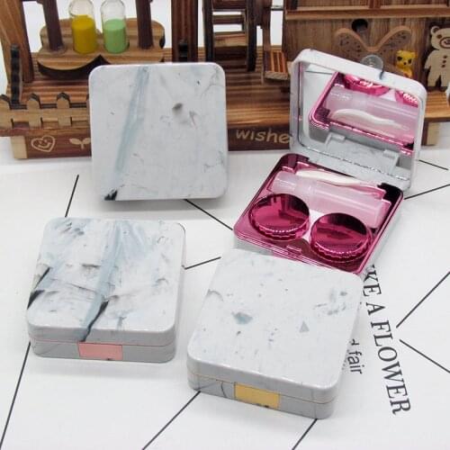 Cute Fashion Lenses Box Simple Vintage Square Contact Glasses Lens Case Box Container Mirror Eyes Care Marble Travel Kit Holder