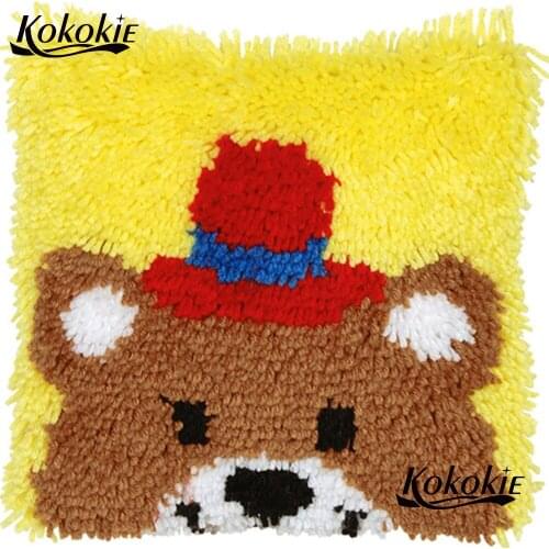 Diy 3d carpet hook and latch kits bear cross stitch sets sale Embroidery Pillowcase Needlework Crocheting Rug Kits Yarn cushion