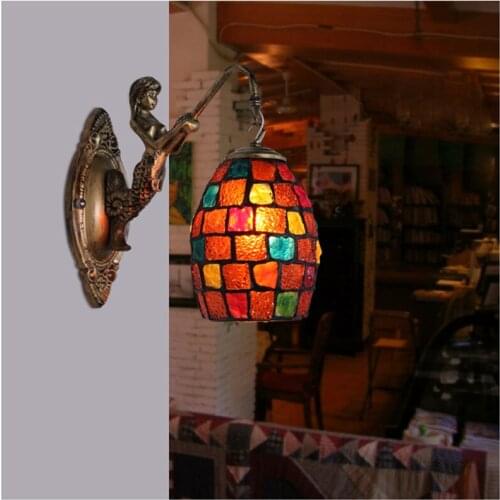 Tiooka Bohemia Style Stained Glass Wall Light with Fisher Girl Bracket Exotic Decoration Sconces for Restaurant Bar Dining room