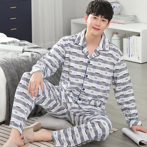 Autumn Knitted Cotton Men Pajamas Set Long Sleeve Casual Soft Mens Sleepwear Loose Comfortable Plus Size 4XL Male Homewear