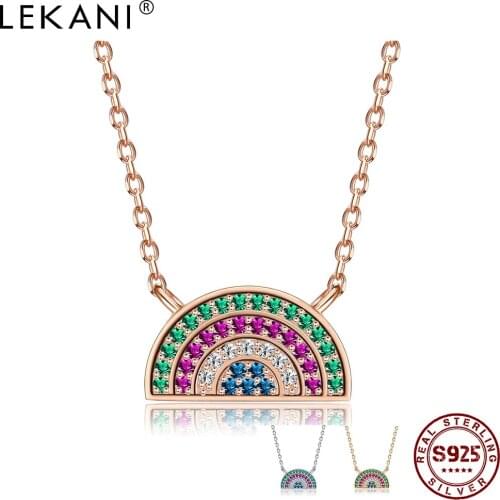 LEKANI 925 Sterling Silver Necklace Rainbow Pendant Cubic Zirconia Necklaces for Women Chains Minimalist Cute Fine Jewelry New