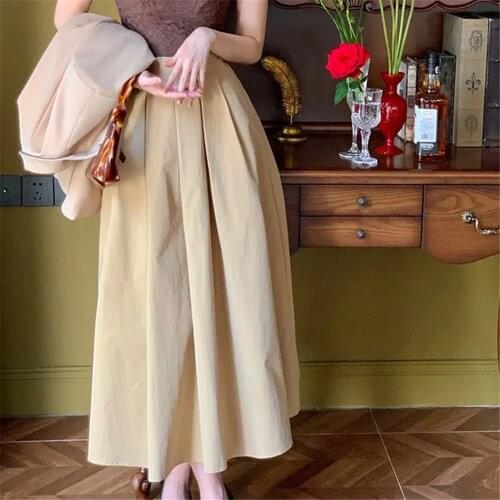 Vintage White 2021 Autumn Female Long Skirts Women Korean Style High Waist Pleated Skirt Office Lady Wild Solid Color Midi Skirt