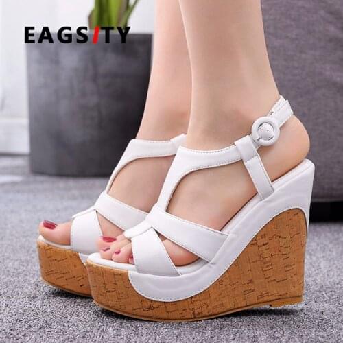 EAGSITY summer 2019 Womens wedges Sandals Thick Bottom Open Toe Ankle Strap gladiator sandals high heel pumps white