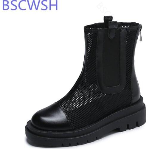 Women Martin Boots 2021 Summer Ladies Chelsea Boots Fashion Black Mesh Womens Mid-tube Thick-soled Zip Smoke Tube Boots