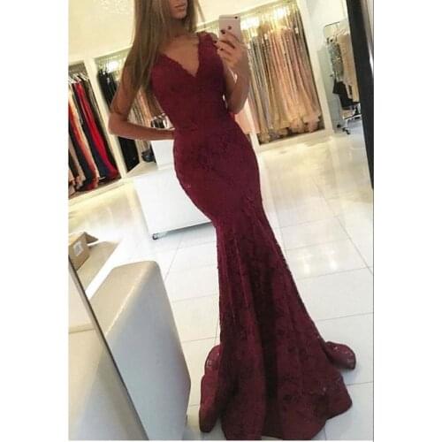 Burgundy Lace Mermaid Prom Dresses 2020 gala jurken V Neck Imported Party Dress Special Occasion Formal Evening Gowns