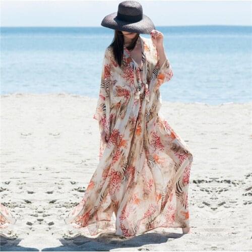 2021 Bohemian Printed Bikini Cover-ups Sexy Plus Size Loose Summer Maxi Dress Tunic Women Beach Wear Swim Suit Cover Up Q1295
