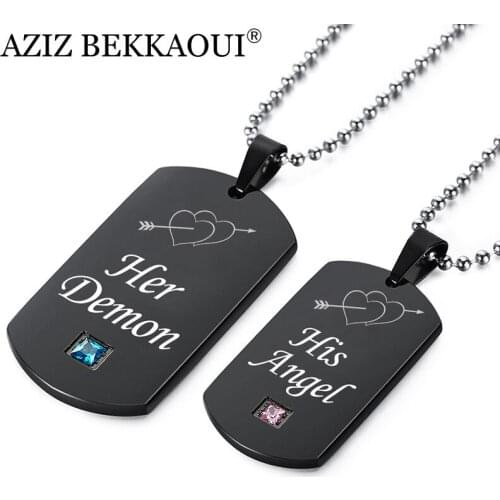 AZIZ BEKKAOUI His Angel & Her Demon Stainless Steel Couple Necklaces Black Double Heart Tag Pendant Necklace Dropshipping