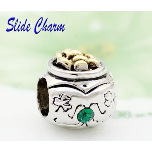 Free shipping European retro Clover Irish Pot shape charm beads fit Pandora bracelet holiday gift