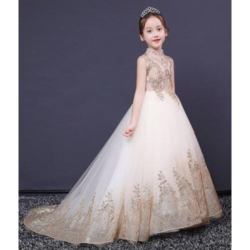Glizt Sequin Gold Lace Girl First Communion Dress Long Trailing Ball Gown Girls Pageant Party Gown Flower Girl Dress for Wedding