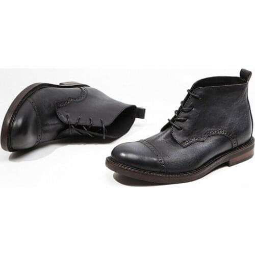 Genuine Leather Vintage Work Ankle Shoes Men Spring Autumn Black Round Toe Booties Handmade Brogue Wing Tip Boots Men