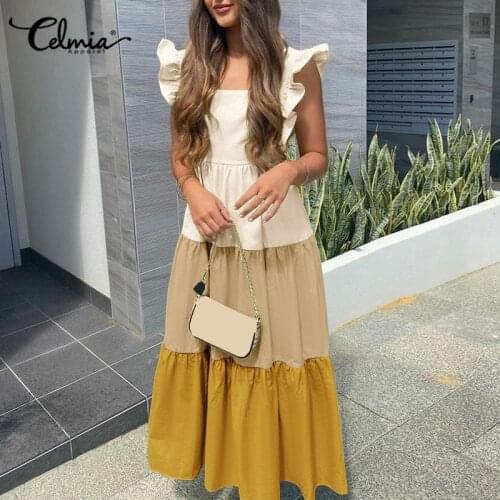Celmia 2021 Summer Long Dress Vintage Women Ruffled Color Patchwork Party Sundress Casual Loose Pleated Beach Maxi Vestidos Robe