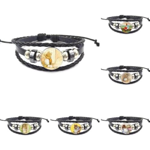 EJ Glaze For Girls Gifts Glass Jewelry With Glass Cabochon Black Leather Bracelet Bangle Mouse Mom Beatrix Potter
