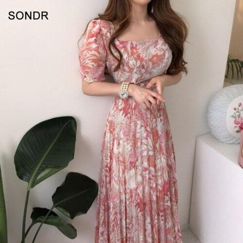 Korea One Piece Dresses Chiffon Pleated Long Dress 2021 Summer Women New Dress Square Collar Watercolor Printing Casual Dresses