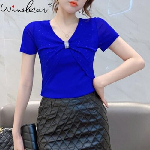 Summer European Style Mesh T-Shirt Girls Fashion V-Neck Fold Shiny Women Tops Short Sleeve Patchwork Sexy Back Tees 2021 T14415A