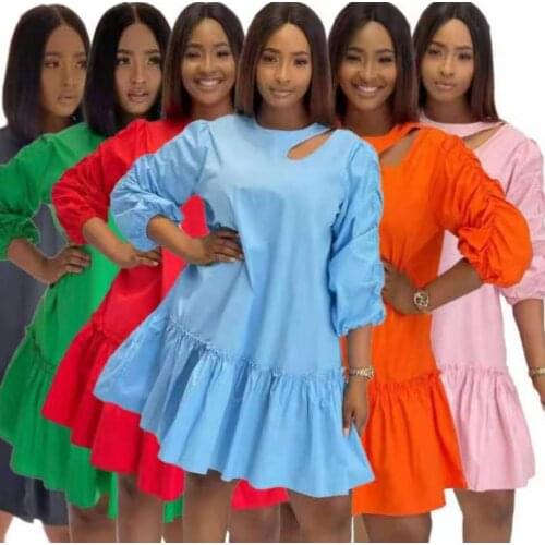 Sweet Girls Ruffles Dress Summer 2021 Fashion Hollow Out O-Neck Loose Long Sleeves Lady Night Club Party Casual Mini Dresses