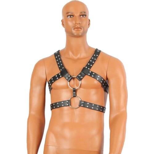 Male Studded PU Leather Body Belt Double O-Ring Warrior Upper Body Harness Straps Top Vest Men Fetish Role Play Costume