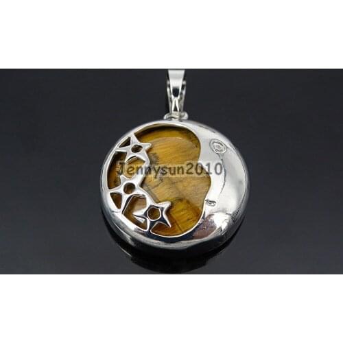Natural Tigers Eye Gems Stone Round Silver Plated Stars and Moon Pendant Charm Beads Healing Great Jewelry Design 10Pcs/Pack
