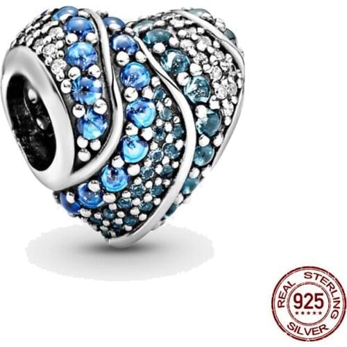 New 925 Sterling Silver Bead Sparking Blue Pavé Clip Heart Charm Fit Original Pandora Bracelet DIY Jewelry For Women Wholesale