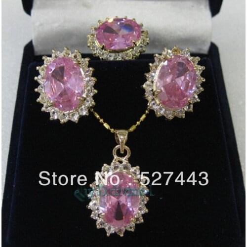 Wholesale free shipping >>New pink zircon crystal pendant necklace ring Size:8# earrings set