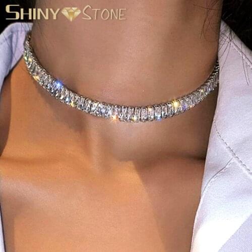 Square Baguette Cubic Zirconia Hot Fashion Iced Out Bling CZ 4*8mm Silver Color Choker Necklace Hiphop Sparking Women Jewelry