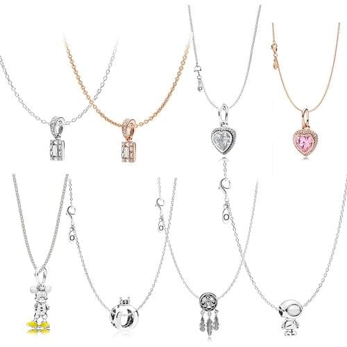 New 100% S925 Sterling Silver Elegant Crown Astronaut Ice Crystal Beauty Rose Powder Shine Love Eternal Heart Zircon Necklace
