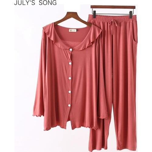 JULYS SONG Women Modal Pajamas Set Soft Lotus Leaf Lapel Cardigan Solid Color Sleepwear Two-piece Autumn Casual Homewear