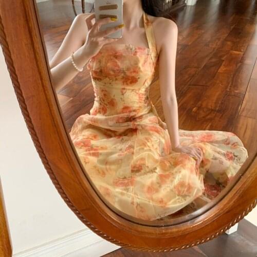 French Vintage Dress Women Elegant Backless Floral Halter Neck Midi Dress Summer Chiffon Holiday Beach Dresses for Women 2021