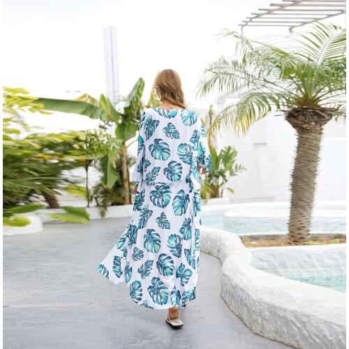 Boho Dress Bikini Cover Up FLORAL STORY Women Printed Beach Maxi Women Elegant Caftan Lady Bathing Robe 2021 Bodysuit Cover Ups