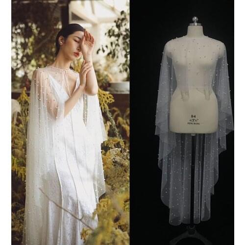 Pearls High Low Wedding Wrap Tulle Prom Party Shawl BOLERO Bridal Cape Elegant Wedding jacket
