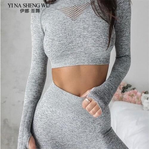 Womens Seamless Yoga Sets High Waist Leggings Yoga Long Sleeve Tops Gym Clothes Fitness Workout Running Breathable Sportswear