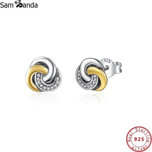 Original 100% 925 Sterling Silver Stud Earrings Interlinked Circles Earring Pave CZ Geometric For Women Wedding Gift Jewelry