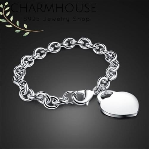 Solid Silver Bracelets for Women Heart Tag Charm Bracelet & Bangles Wristband Pulseira Femme Brand Jewelry Accessories Wholesale