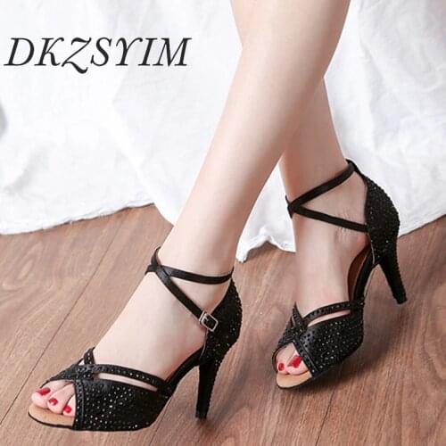 DKZSYIM Women Latin Dance Shoes Spike Heels 10CM Ballroom Tango Dancing Shoes Rhinestone Shiny Black Dance Sandals Soft Soles