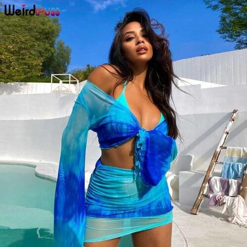 Weird Puss 2021 Trend Women Vacation Outfits Mesh Long Sleeve Tie Up Top+Mini Skirt Skinny 2 Piece Set Drawstring Lace Up Suits