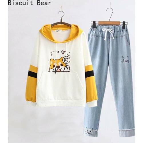 Biscuit Bear Women Two Piece Set Cartoon Embroidery Harakuju Hooded Sweatshirts And Elastic Waist Embroidery Denim Pants Sets